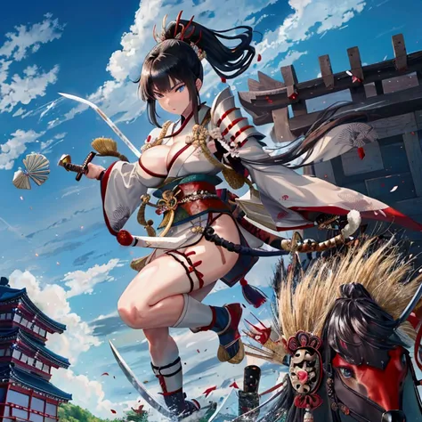 (Japanese women)、(Warrior Princess)、(Goddess of War)、(Black Hair)、(ponytail)、(Old Japanese Armor)、((Holding the Japan sword))、(True to prompts)、(Deluxe)、(Glaring with sharp eyes)、(Super big breasts),(battlefield)、(grassland)、((A large number of soldiers))、...