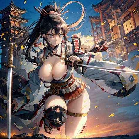 (Japanese women)、(Warrior Princess)、(Goddess of War)、(Black Hair)、(ponytail)、(Old Japanese Armor)、((Holding the Japan sword))、(True to prompts)、(Deluxe)、(Glaring with sharp eyes)、(Super big breasts),(battlefield)、(grassland)、((A large number of soldiers))、...