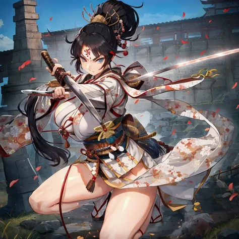 (Japanese women)、(Warrior Princess)、(Goddess of War)、(Black Hair)、(ponytail)、(Old Japanese Armor)、((Holding the Japan sword))、(True to prompts)、(Deluxe)、(Glaring with sharp eyes)、(Super big breasts),(battlefield)、(grassland)、((A large number of soldiers))、...