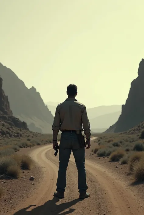 Man view from behind on dirt road looking for his share