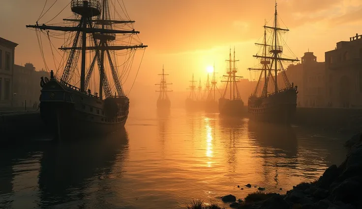 Ships of the Invincible Armada , rotting in a Galician port in the 18th century. Cinematic plan, Sunset, Image of sadness, Abandonment, poverty.