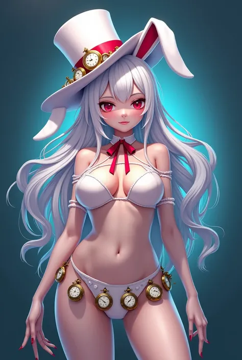 There is one cute girl with long white hair, red eyes, a white bunny girl outfit, and a big chest.ＶThe bunny girl outfit is open all over, I wish the fabric area was reduced, there&#39;s a red ribbon around her neck, and there are lots of small pocket watc...