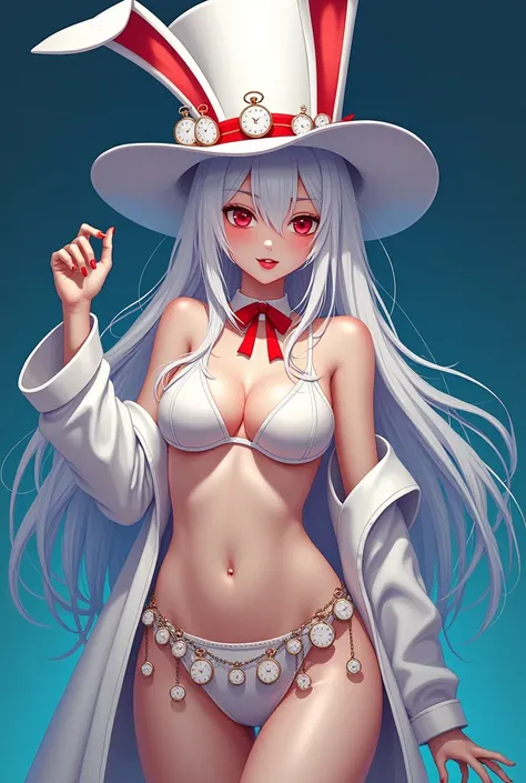 There is one cute girl with long white hair, red eyes, a white bunny girl outfit, and a big chest.ＶThe bunny girl outfit is open all over, I wish the fabric area was reduced, there&#39;s a red ribbon around her neck, and there are lots of small pocket watc...