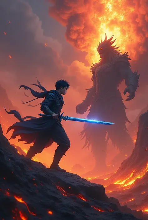 A noble young man with blue-black hair and a dark blue sword is defeating a half-demon human in the middle of a volcano.
