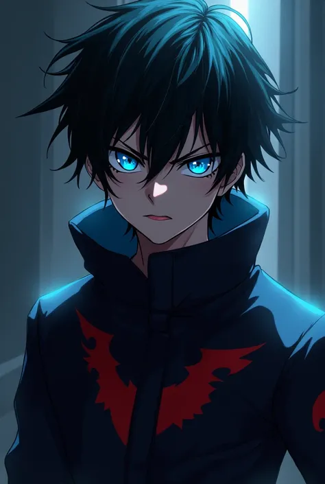 Create an anime-style image featuring a character with messy black hair, wearing a dark coat with red patterns on it. The character should have intense blue eyes that convey anger and determination, with a menacing expression. The background should be dark...