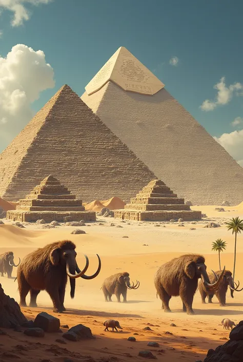 Create a picture of the Egyptian pyramids and mammoths 