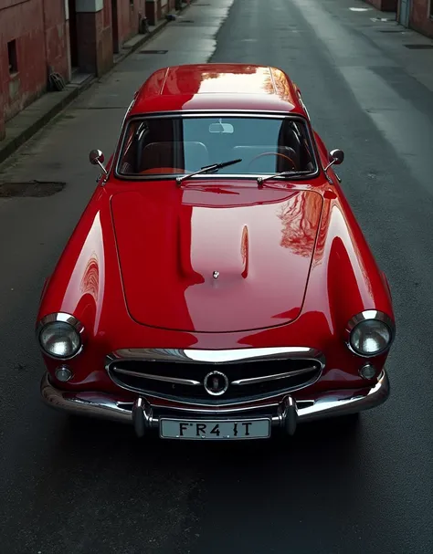 bold lines, classic design, glossy polished red paint, chrome trim, dynamic headlights, rounded chrome bumper, white belt tires, chrome hubcaps, Simca Chambord Jangada 1960, four-door model, (classic station wagon car Nv 9) photogenic, cinematic, dramatic,...