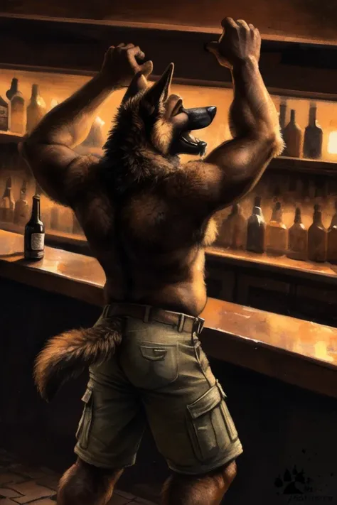 (german shepherd), (solo), male, anthro, (by Blotch, by kenket), (tail:1.3), (perfect hands), (((pleasured expression))), teeth, open mouth, feeling good, closed eyes, , drooling, ((bar background), inside, powerful silhouette, mysterious shadows), realist...