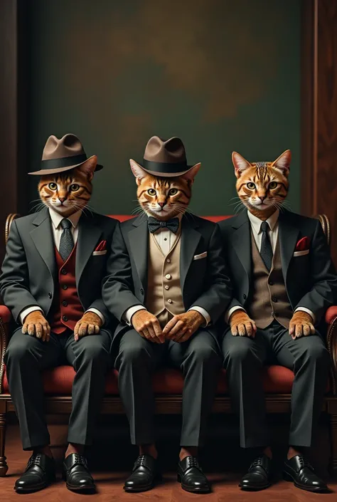 Three cats sitting side by side with gentlemen dress up like godfather