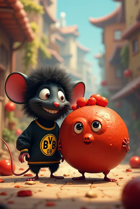 Disney Pixar cover with title letters (RATALITO and the meatball) appearance a mutant black mouse with long curly hair clothing a borussia dortmund sweatshirt next to him a giant meatball with feet and eyes next to him