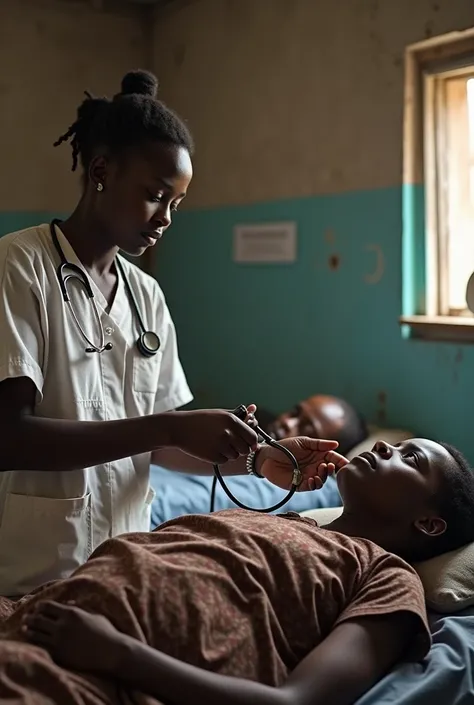 Stethoscope in a practitioner hand on a patient chest lying on a bed in a African refugees camp


