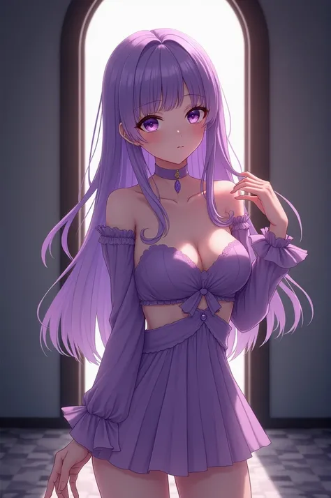 anime girl in a purple outfit standing in front of a door, guweiz, cute anime waifu in a nice dress, anime visual of a cute girl, seductive anime girl, artwork in the style of guweiz, smooth anime cg art, ayaka genshin impact, guweiz on pixiv artstation, g...