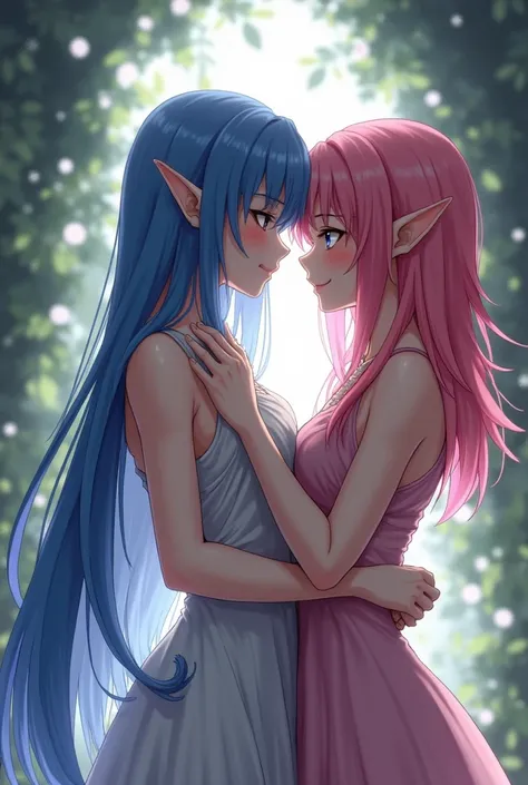 A shoulder length blue haired elf and a pink haired human in anime style having sex and cumming