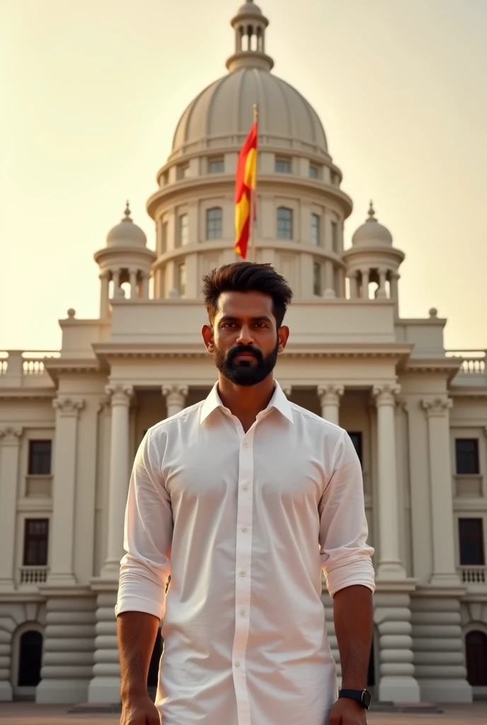 A large white ornate building a tamilnadu CM office building thalapathy Vijay standing with white shirt and with flag of top red and middle yellow bottom red in the sunrise morning reddish