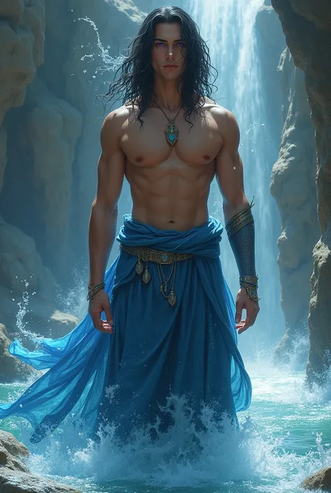 a young man in his twenties, he is froma fantasy world, he is king of water, he is tall and skinny but very athletic, he has long  jet black hair and deep purple eyes, he is handsome, very beautiful, breathtaking beautiful he is real king amazing and brave...