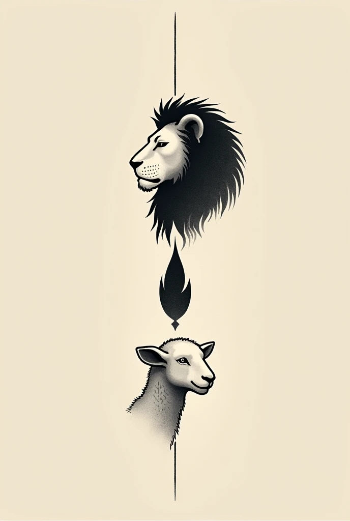 Minimalist tattoo of a lion&#39;s face looking to the left, Below it is the face of a lamb looking to the right and a large flame between them.