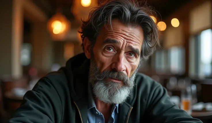 Ultra-realistic portrait of a man in his 50s, the main subject of the picture. He must have brown eyes and dark brown dyed hair, large and unkempt, his face has a dyed beard, large and unkempt. He has a dejected and sad expression, looking directly at the ...