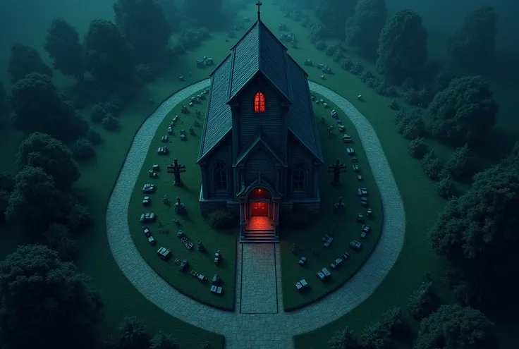 vampire the masquerade, map rpg, ((a church, in a cemetery, many graves, on a small hill,)), game art, birdseye straight top-down shot from a drone, battlemap, current modern theme, seen from above, role-playing game, empty location, nighttime environment,...