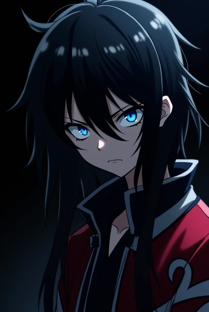 @Meta AI Create an anime-style profile picture with a dark, black background. The character should have long, messy black hair covering half of their face, with striking blue eyes showing an intense, angry expression. They should wear a jacket with a red a...