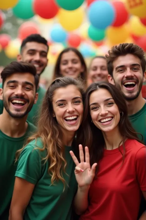 Create an image with a group of young people dressed in green and red shirts, cheerful and vibrant background. defocused.