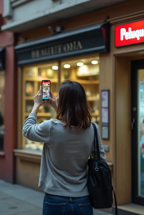 A lady on the street , front a BEAUTYSHOP( You can see the lady from behind and you can see the sign where it is write" PELUQUERIA" sHe is holding the phone in his hand pointing towards the display case.(as if I like she recording with the mobile camera