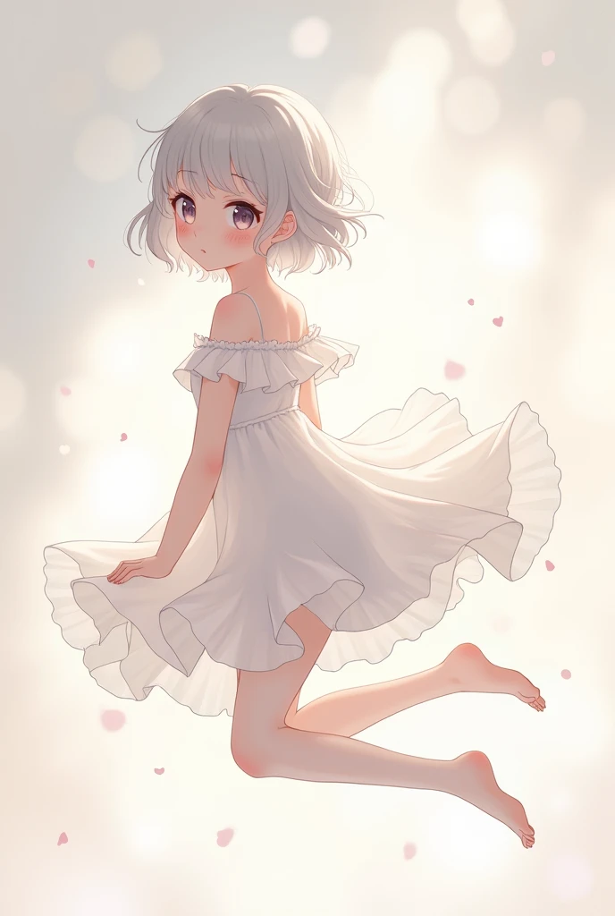 Anime shoujo，White transparent dress，White transparent stockings，white short hair，Shy personality，Small chest，No shoes