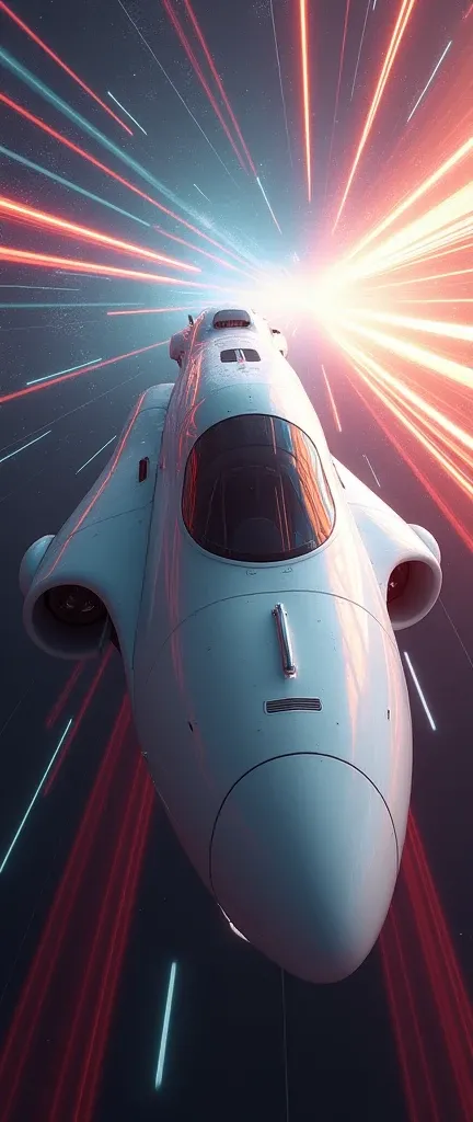 masterpiece,Highest quality,Ultra-high resolution,(Very detailed),8k,Realistic,Best aesthetics,beautiful,(A train-shaped spaceship warping:2.0),(sf:2.0),(A beautiful white spaceship resembling a streamlined bullet train:2.0),(dynamic,Shot from below the sp...