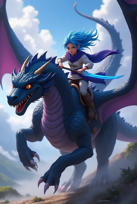 A young blue-haired cultivator riding a black and purple majestic dragon carrying a black and blue sword 