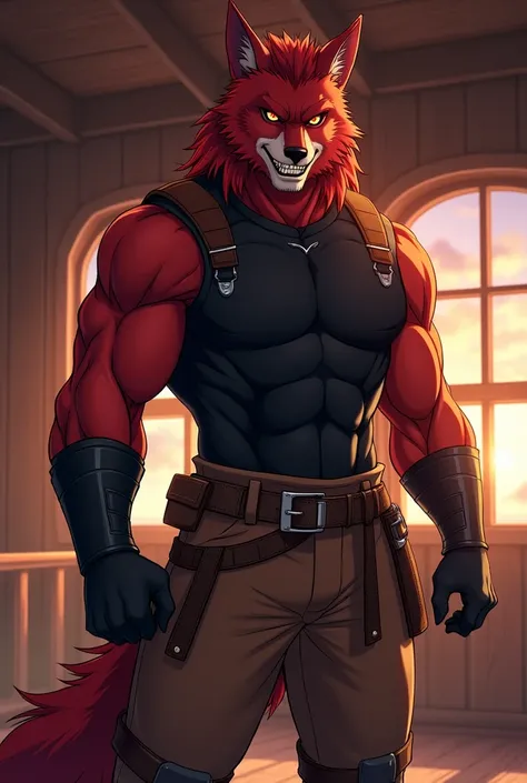 red furry werewolf brave anime character，Strong and mature、Wearing a black warrior top, black gloves, and brown adventurer pants，Has red-black hair and red eyes，Crisp short hair，Grinning，Sharp eyes，Inside the wooden house with dusk in the background