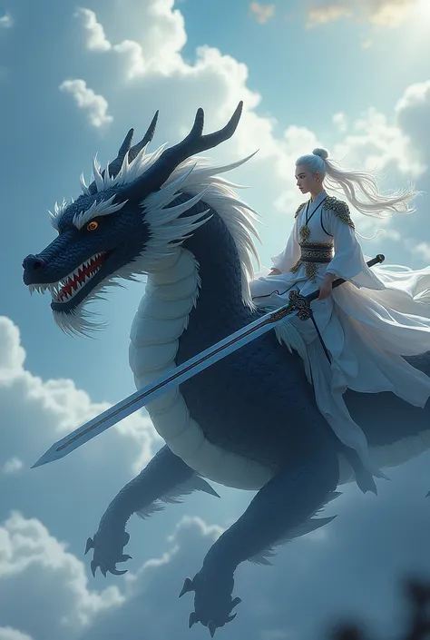 A young white-haired cultivator riding a majestic black Chinese dragon carrying a black and blue sword 