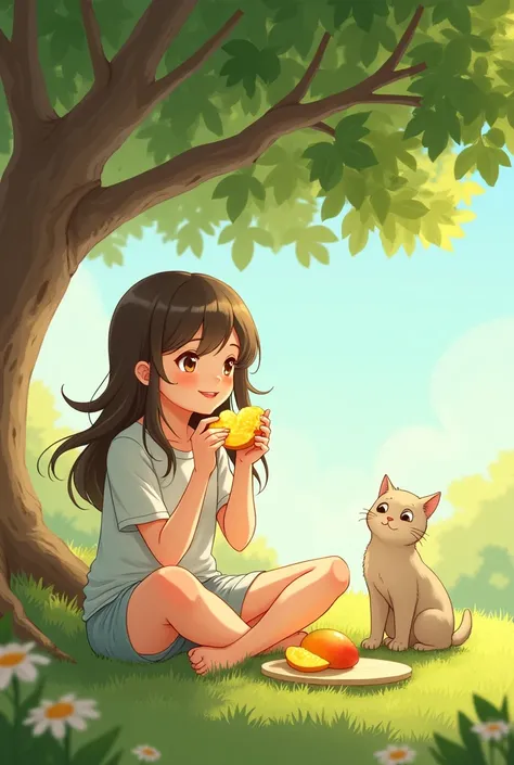 A girl sitting under a tree and eating mangoes with a cute cat