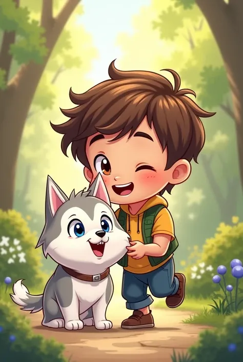 Create a cartoon image of a brown-haired boy with a small, blue-eyed white husky