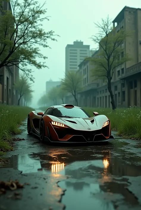 a Agressive hypercar, post-apocalyptic city street scene, tree grow everywhere, dilapidated buildings, cracked pavement, overgrown tall grass, cloudy dramatic sky, greeny, light rain, water reflection the car, reflection photography, cinematic lighting, ci...