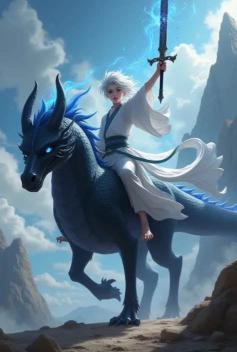 A white-haired young cultivator riding a black fire dragon carrying a black and blue sword 