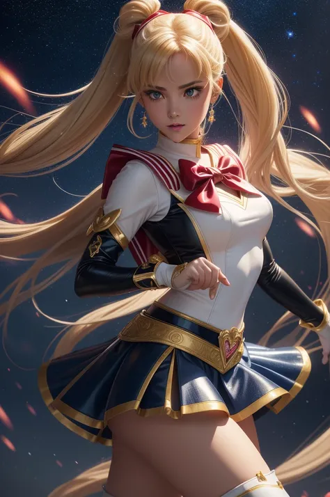 Arti modern anime. angled view, face closeup action portrait beautiful "Sailor moon", long blonde pigtails, transforming scene, leaning forward, slim body, highly ornamented and detailed "glitter crystal leather clothing details", ("blue leather skirt"), (...