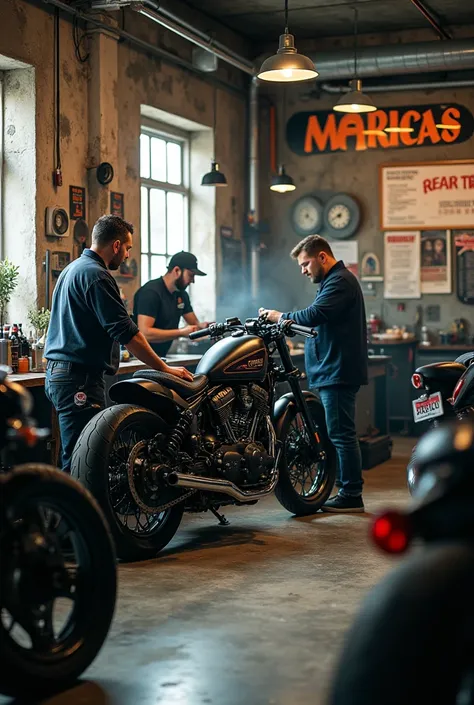 Motorcycle workshop with sign board 
