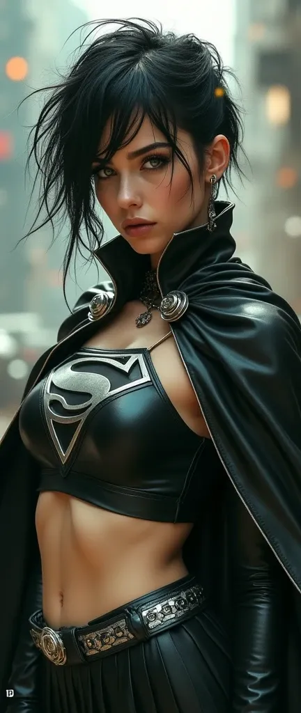 A FULL BODY VIEW OF A SEXY BUSTY TEEN FEMALE WITH DREAMY GREEN EYES AND MEDIUM MESSY BLACK HAIR WEARING A SLEEK BLACK SPANDEX LONG-SLEEVED SUPERGIRL CROP=TOP WITH A METALIC SILVER "S" EMBLEM ON THE CHEST, A SHORT BLACK PLEATED SKIRT WITH A SILVER LEATHER B...