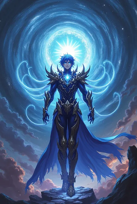 A male anime character with dark powers standing at the center of a spinning cosmic vortex. This being exudes an aura of invincibility, with a majestic and imposing presence that extends across multiple dimensions. Ialdabaoth is adorned in intricate, shimm...