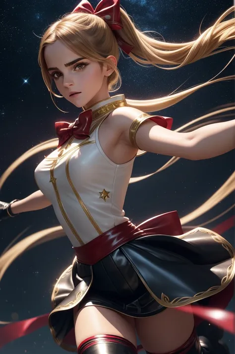 Arti modern anime. angled view, face closeup action portrait beautiful Emma Watson, long blonde pigtails, transforming scene, leaning forward, slim body, highly ornamented and detailed "glitter crystal leather clothing details", ("blue leather skirt"), ("r...