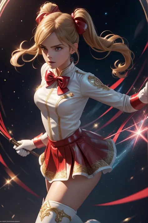 Arti modern anime. angled view, face closeup action portrait beautiful Emma Watson, long blonde pigtails, transforming scene, leaning forward, slim body, highly ornamented and detailed "glitter crystal leather clothing details", ("blue leather skirt"), ("r...