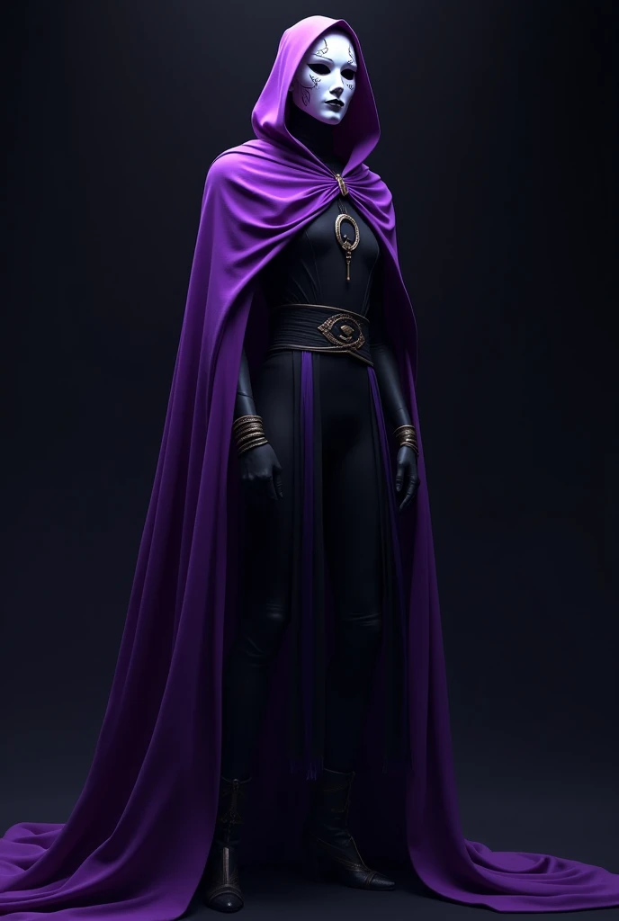 A mysterious character wearing a majestic purple cape, with a white mask adorned with minimalist purple details. The cape flows in the wind, creating a sense of movement. The background is dark and contrasting, with deep shadows that highlight the characte...