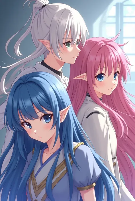 An elf with shoulder-length blue hair without bangs, a human with long pink wavy hair without bangs and a human with white hair tied in a ponytail with anime-style bangs 