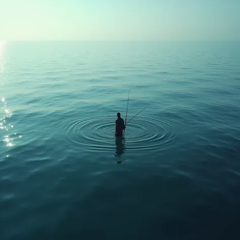 On the vast sea or broad lake surface, a angler enjoys the tranquility of isolation alone. Using high angle photography to showcase the loneliness of anglers and the vastness of their surrounding environment. Beautiful cinematic lighting, surreal, color gr...