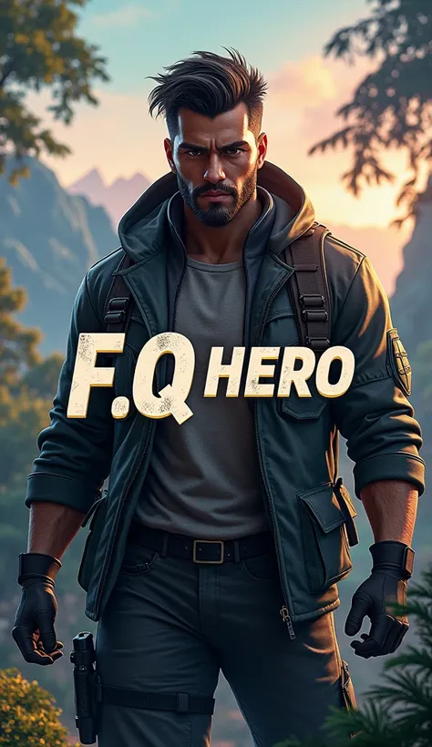 There is word title "F.Q HERO". Title word with beautiful and stylish wallpaper. ultra HD, aesthetic, realistic, natural, gaming, action. There is an adventurer man in the background.