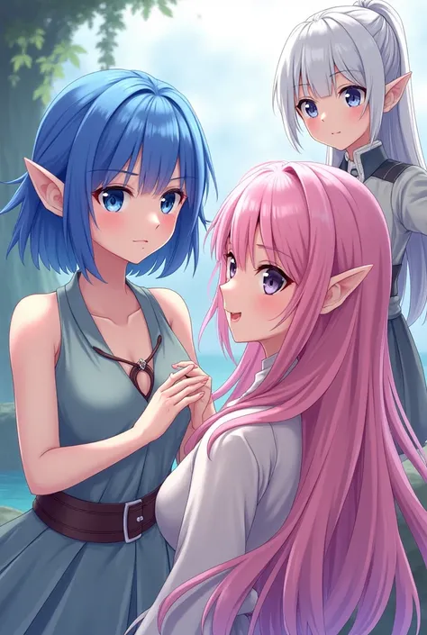 An elf with shoulder-length blue hair without bangs, a human with long pink wavy hair without bangs and a human with white hair tied in a ponytail with anime-style bangs 