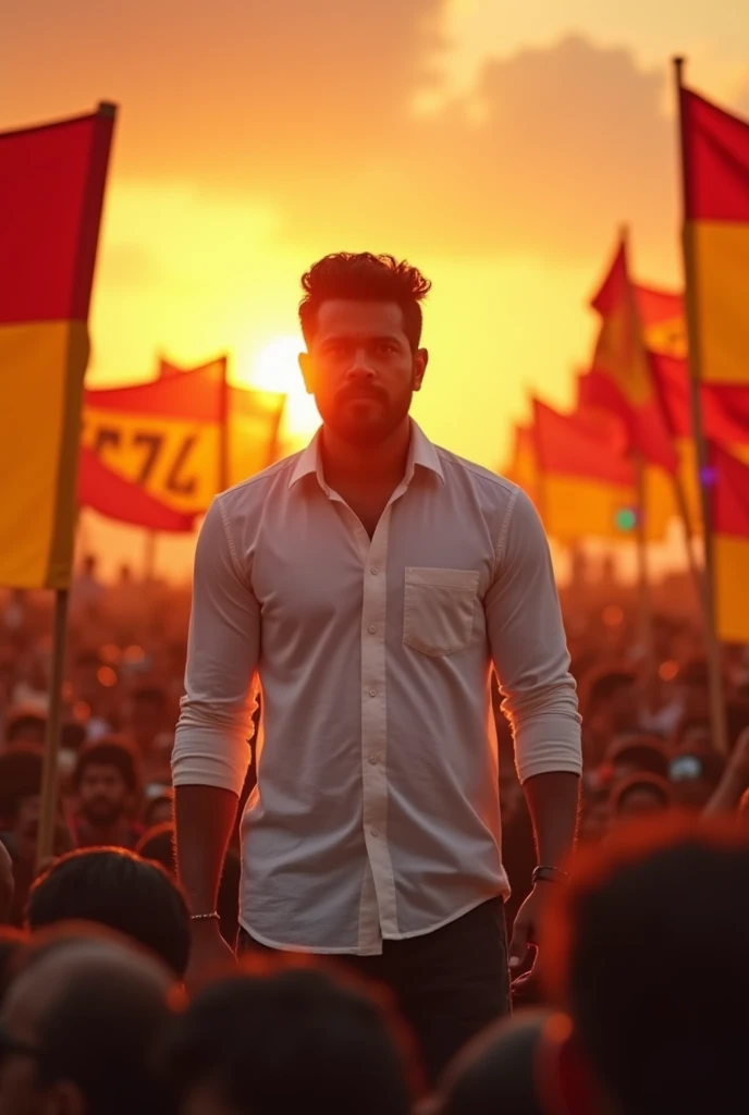 Thalapathy Vijay standing with white shirt  in front the crowd and crowd having  flag of top and bottom red and middle yellow TVK flag  in the sunrise morning reddish