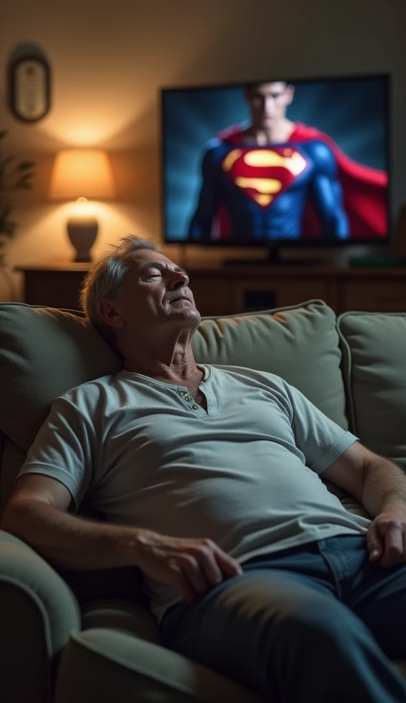 **The 60-year-old man, now back in his normal form, is shown dozing off on the sofa. He is relaxed in his casual clothes, with his head tilted and eyes closed, as the Superman movie continues to play softly on the TV in the background.**