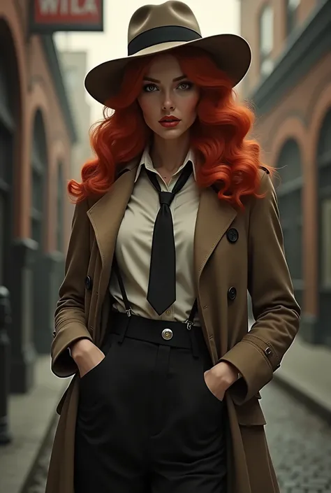 1920s hardboiled detective, striking red hair styled in soft waves, tailored trench coat suit tie and a fedora, sharp no-nonsense attitude, pinup, full body shot, standing, sexy, seductive