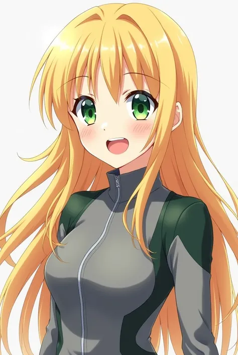 Long Blond green eyes anime girl, grey  fit jacket, dark green shoulders, happy face