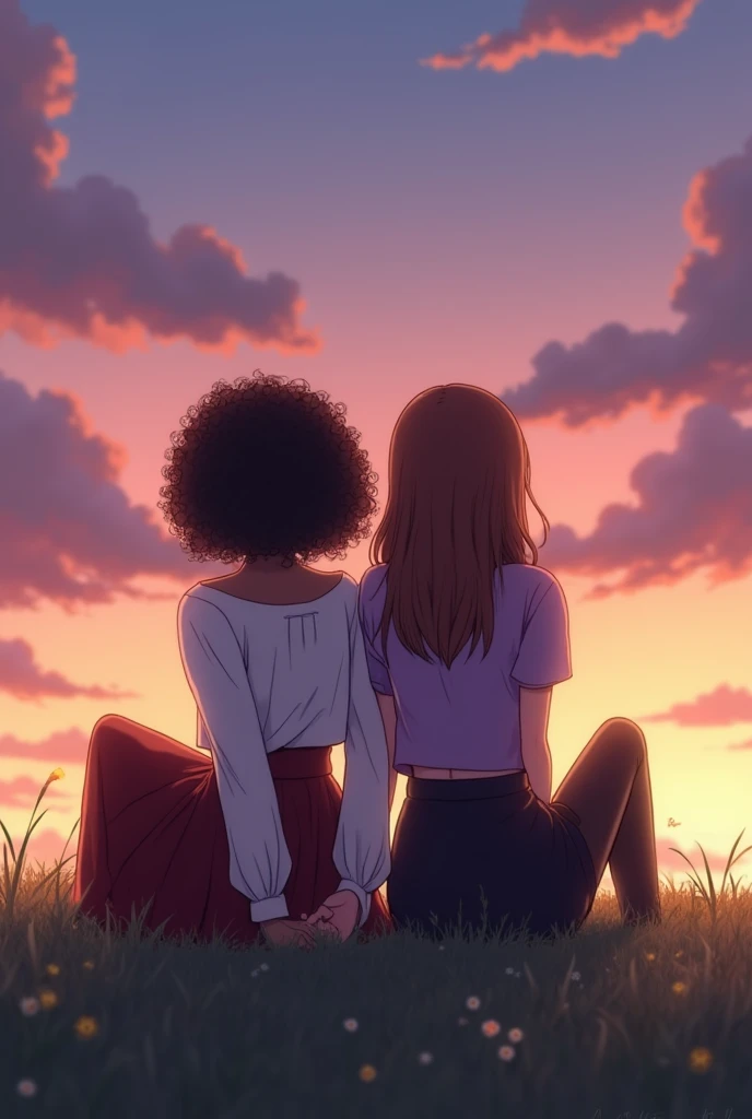 Two girls back to back,to the screen sitting on the grass and holding hands, for the view of the sky at dusk, which was in gradient from pink to orange and yellow, with clouds that looked purple,One of the 2 girls is black and has shoulder length curly hai...